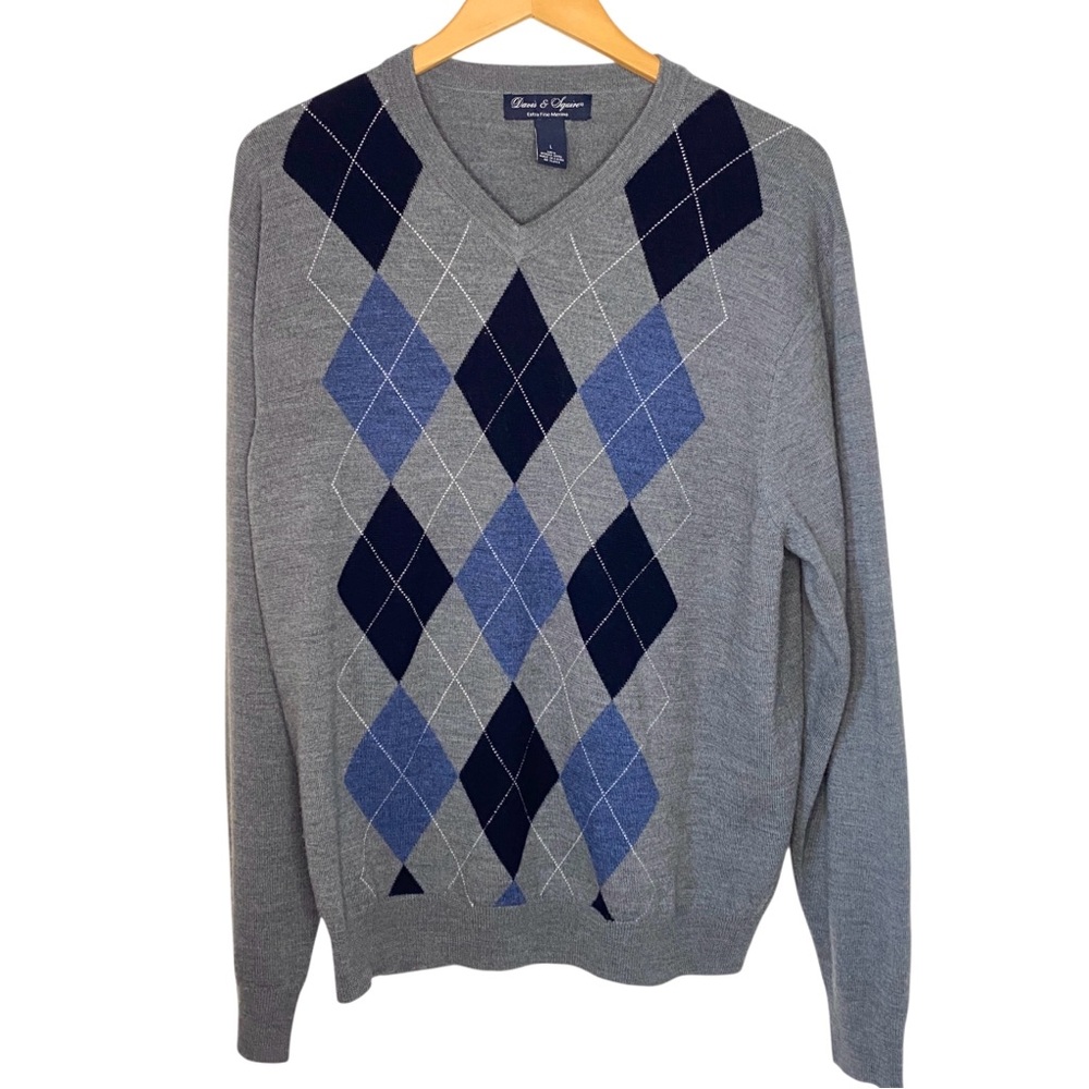 Davis & Squire 100% Merino Wool Extra Fine Gray and Blue Argyle V-Neck Sweater L